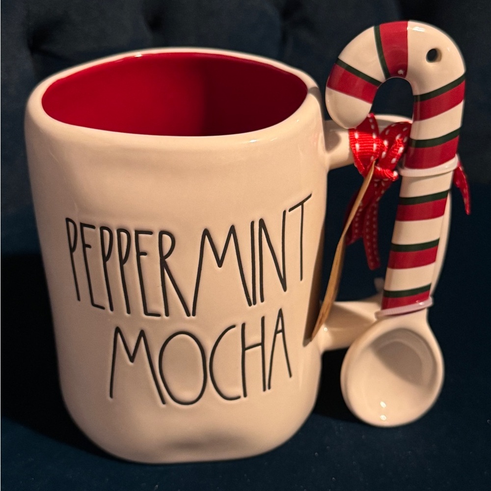 Rae Dunn Peppermint Mocha Mug with Candy Cane Spoon and Red Interior